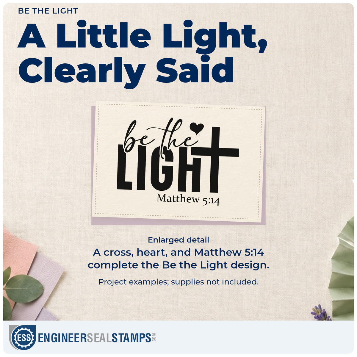Enlarged detail of the Be The Light Premium Wood-Mounted Stamp - Vintage Pro imprint. Script "Be the" overlays bold "Light," with a large cross, heart, and Matthew 5:14.