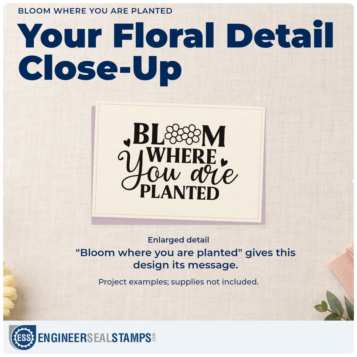Enlarged detail of the Bloom Where You Are Planted Floral Accents Wood Handle Stamp imprint. Small flowers replace the O letters in "Bloom where you are planted," with heart accents.