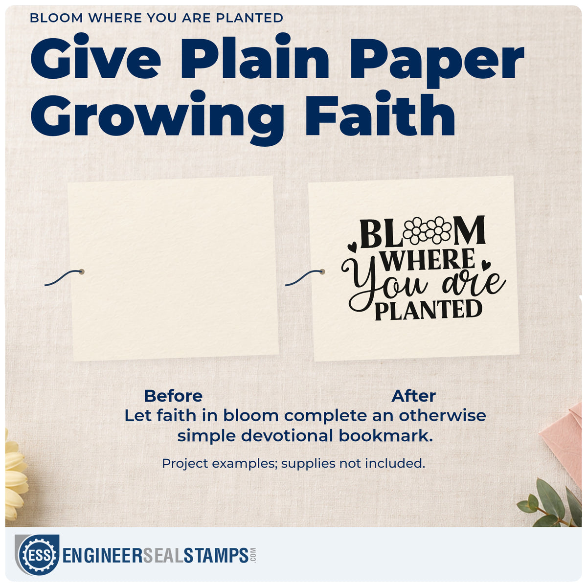 Before and after of a plain item finished with the Bloom Where You Are Planted Floral Accents Stamp – Duo Hand, a quick upgrade for new home pages.