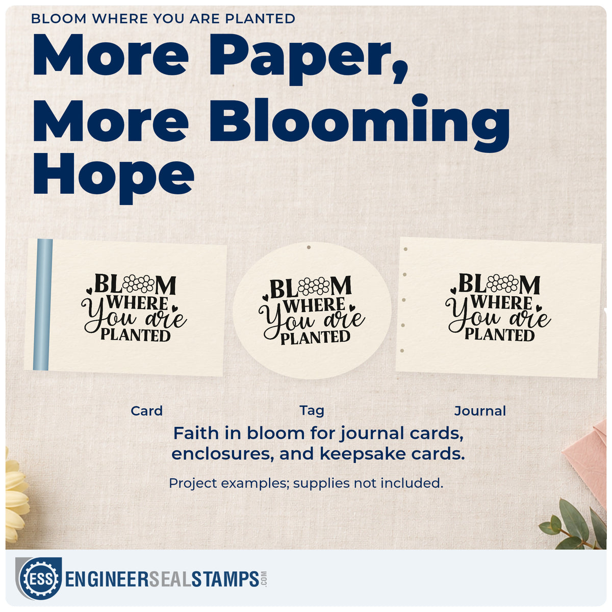 Three project examples made with the Bloom Where You Are Planted Floral Accents Stamp – Duo Hand, including garden markers.
