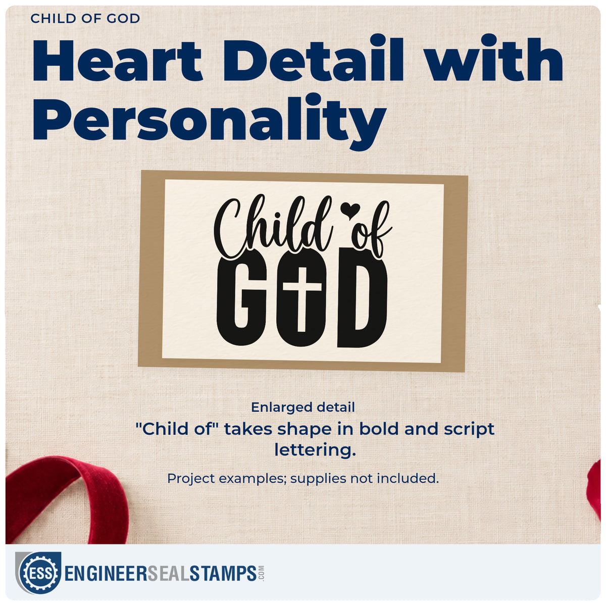 Enlarged detail of the Child Of God Stamp – Self-Inking imprint. Script "Child of" sits over bold "God," with a cross inside the O and a small heart.
