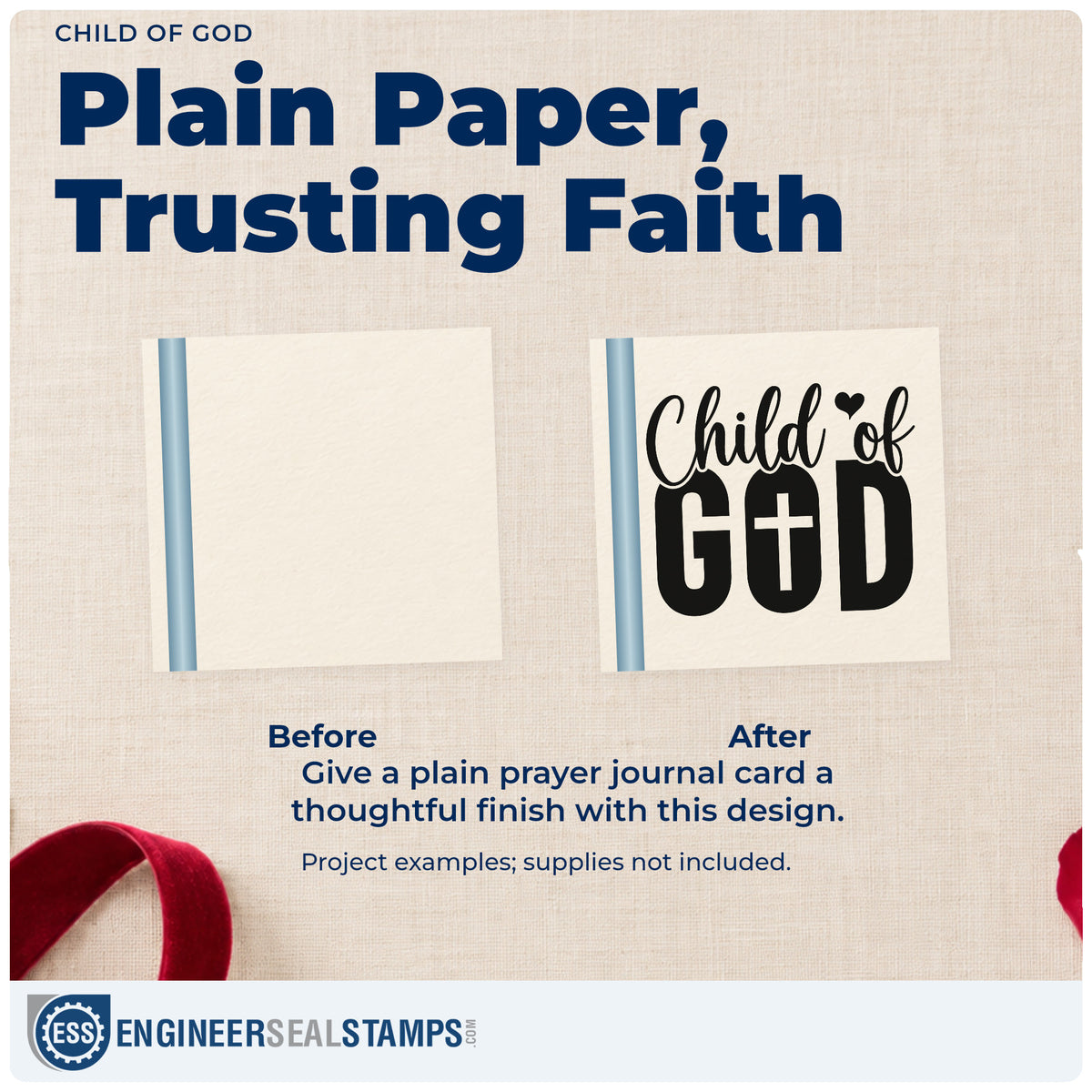 Before and after of a plain item finished with the Child Of God Stamp – Self-Inking, a quick upgrade for newborn scrapbooks.
