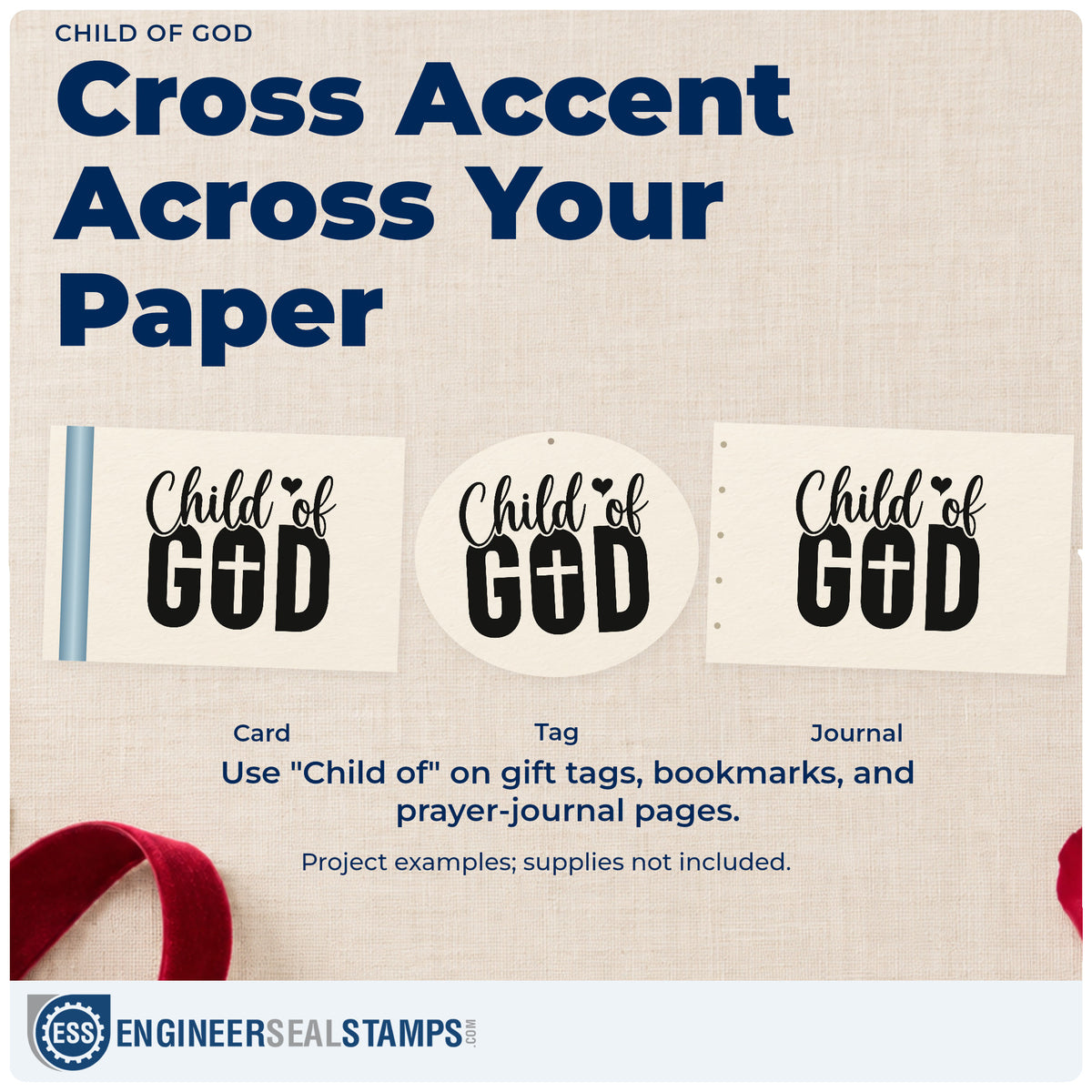 Three project examples made with the Child Of God Pre-Inked Stamp – Slim, including onesie stamping.