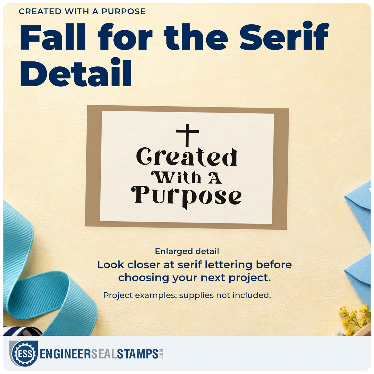 Enlarged detail of the Created With A Purpose With Cross Stamp – PSI Pre-Inked imprint. A small cross tops three lines of bold serif lettering reading "Created with a purpose."