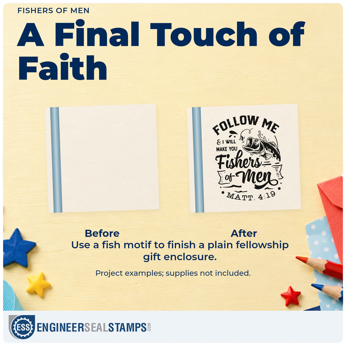 Before and after of a plain item finished with the Follow Me & I Will Make You Fishers Of Men Stamp – Slim Pre-Inked, a quick upgrade for evangelism cards.