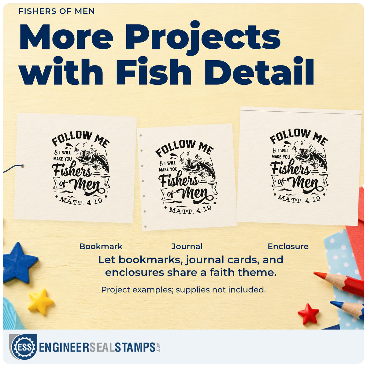 Three project examples made with the Follow Me & I Will Make You Fishers Of Men Stamp – Slim Pre-Inked, including fishing trip pages.