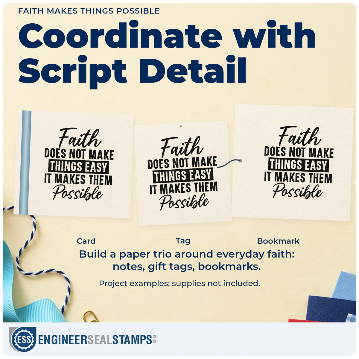 Three project examples made with the Faith Makes Things Possible Slim Pre-Inked Stamp, including hard-won pages.