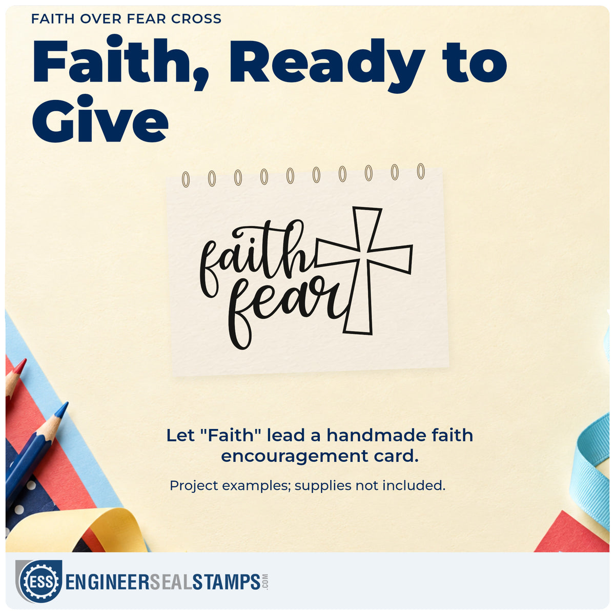 A finished handmade project stamped with the Faith Over Fear Cross Pre-Inked Stamp – Slim, ideal for retreat session handouts.