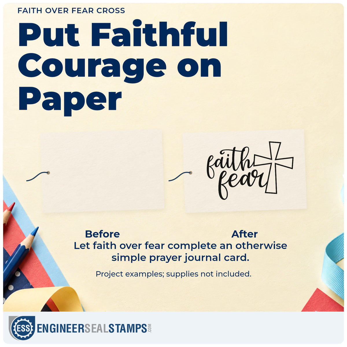 Before and after of a plain item finished with the Faith Over Fear Cross Rubber Stamp – Wood Handle, a quick upgrade for hallway wall art.