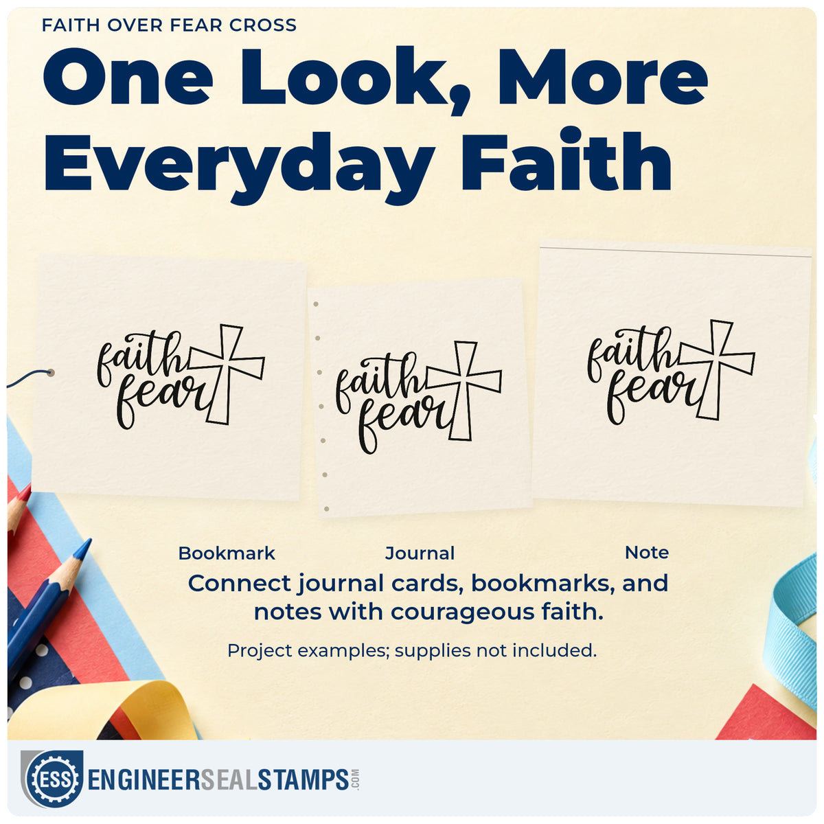 Three project examples made with the Faith Over Fear Cross Rubber Stamp – Wood Handle, including brave choice pages.