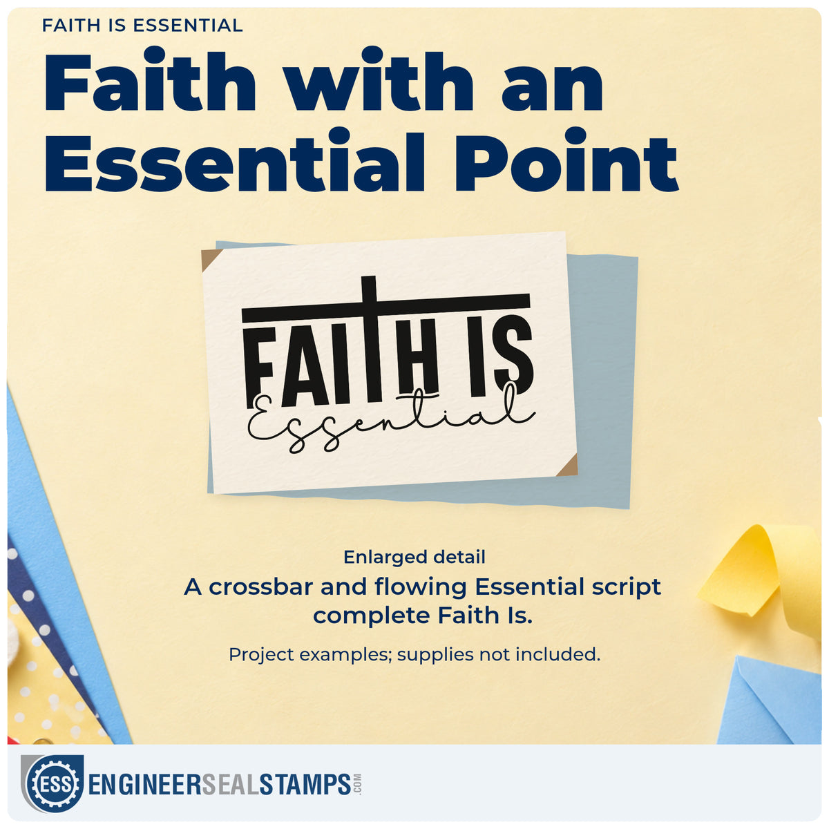 Enlarged detail of the Faith Is Essential Flowing Script Stamp - Premium Vintage Pro Wooden imprint. Bold "Faith is" lettering sits beneath a crossbar, with "Essential" in flowing script below.