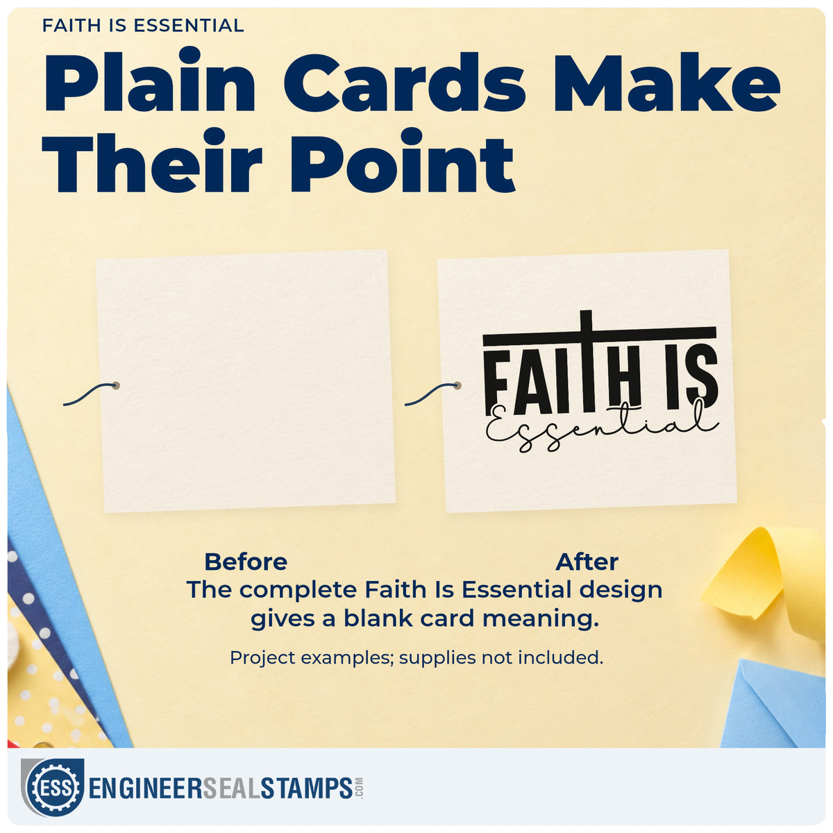 Before and after of a plain item finished with the Faith Is Essential Flowing Script Stamp - Premium Vintage Pro Wooden, a quick upgrade for kraft gift bags.
