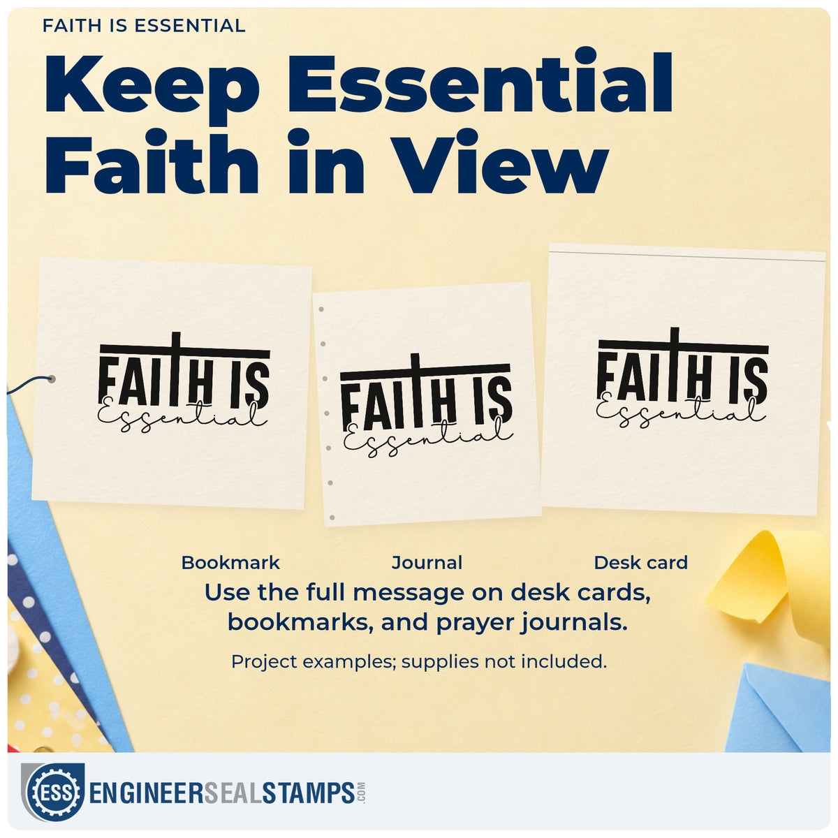 Three project examples made with the Faith Is Essential Flowing Script Compact Pre-Inked Stamp – Slim, including milestone title blocks.