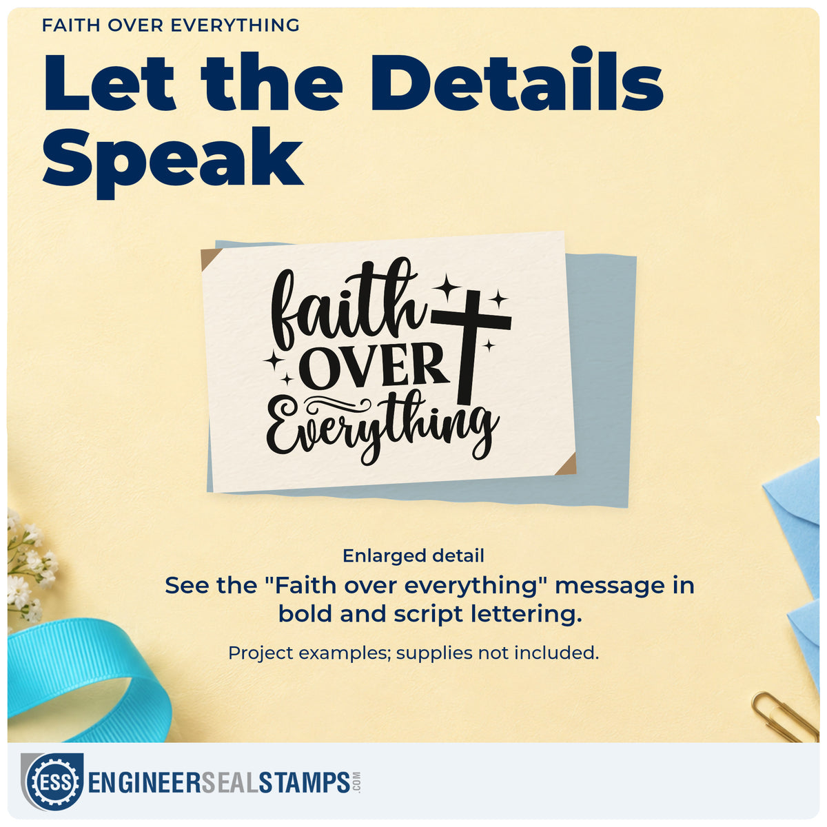 Enlarged detail of the Faith Over Everything Rubber Stamp – Wood Handle imprint. A cross and sparkles accent "Faith over everything" in bold and script lettering.