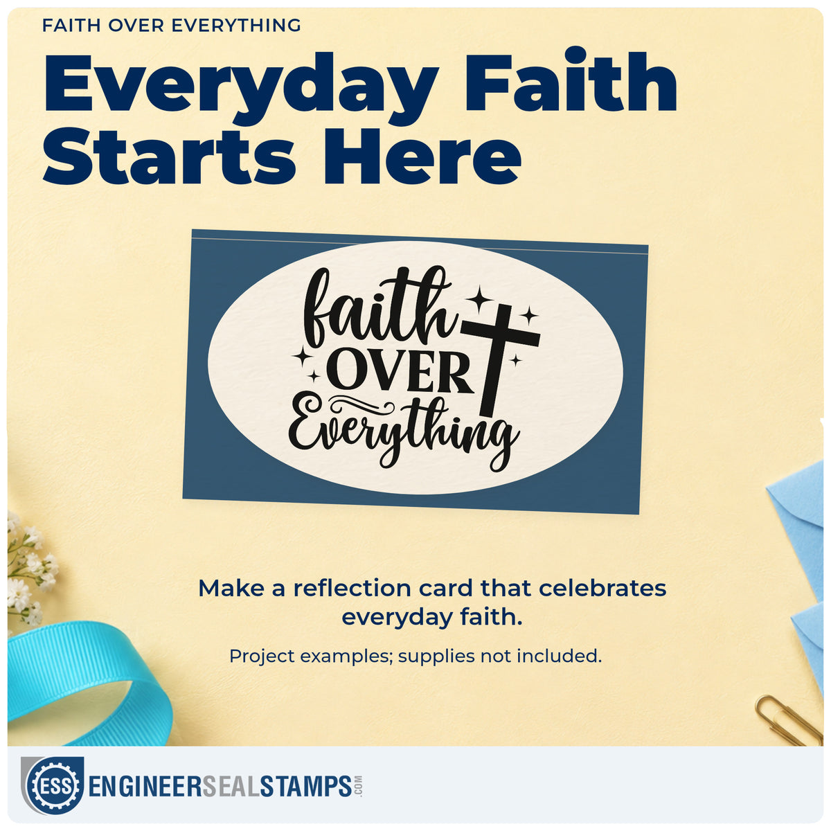 A finished handmade project stamped with the Faith Over Everything Rubber Stamp – Wood Handle, ideal for camp tees.