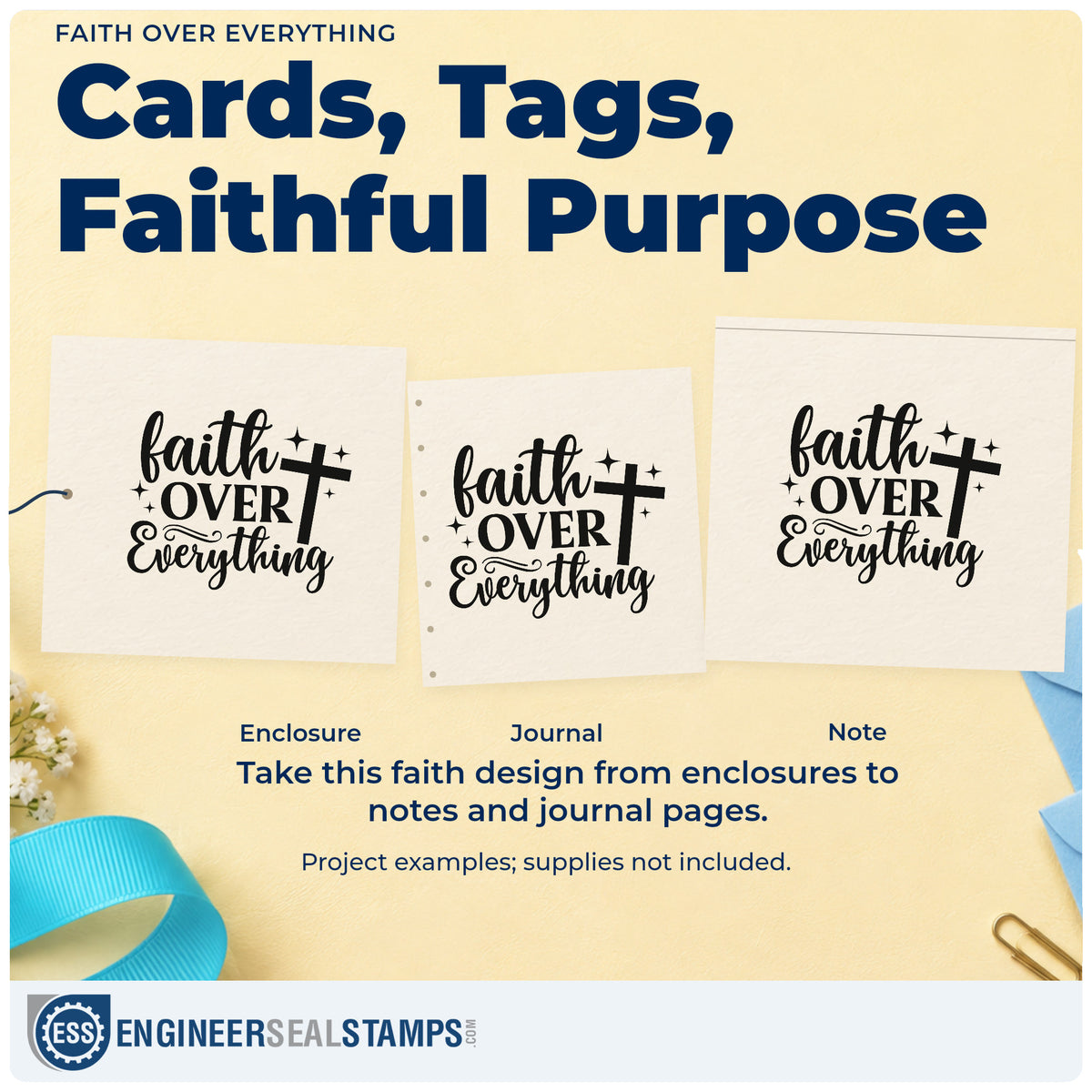 Three project examples made with the Faith Over Everything Pre-Inked Stamp – Slim, including retreat title pages.