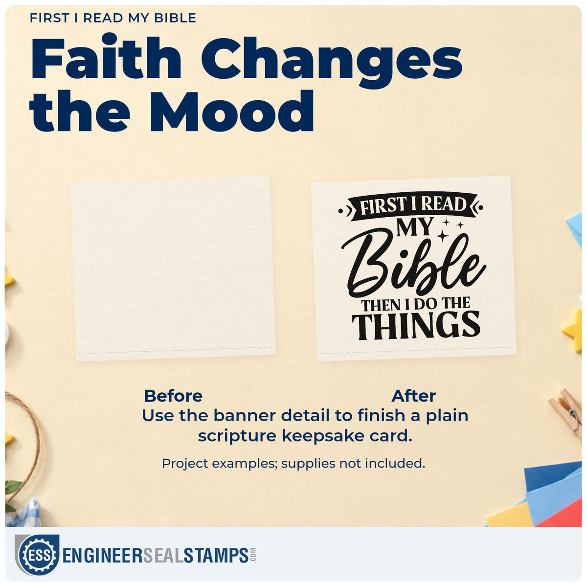Before and after of a plain item finished with the First I Read My Bible Pre-Inked Stamp – PSI, a quick upgrade for women's retreat favors.