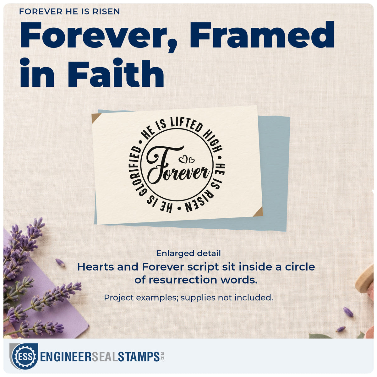 Enlarged detail of the Forever He Is Risen Premium Wood-Mounted Stamp - Vintage Pro imprint. A circular border reading "He is lifted high, he is risen, he is glorified" surrounds "Forever" script and hearts.