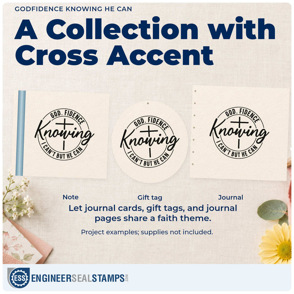 Three project examples made with the Godfidence Knowing He Can With Cross Wood Handle Stamp, including recital scrapbooks.