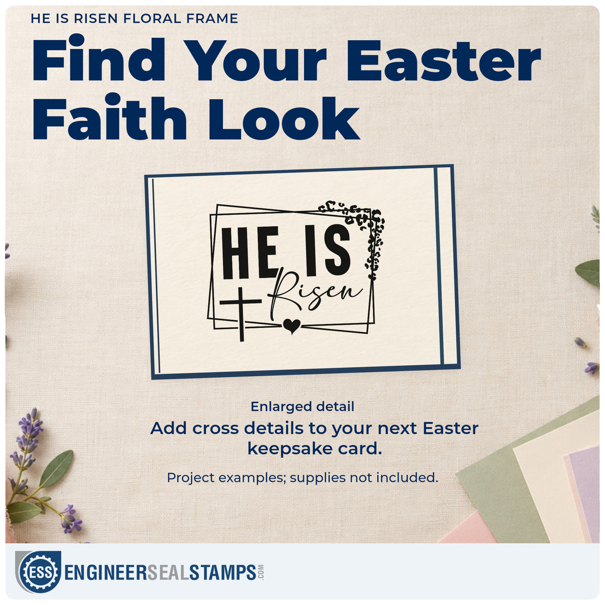 Enlarged detail of the He Is Risen Stamp – PSI Pre-Inked imprint. Overlapping rectangular outlines, a cross, leafy corner, and heart frame "He is risen."