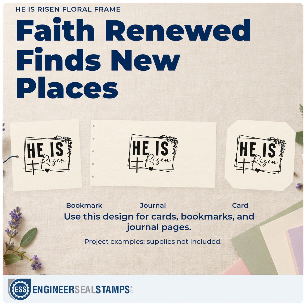 Three project examples made with the He Is Risen Stamp – PSI Pre-Inked, including square box labels.