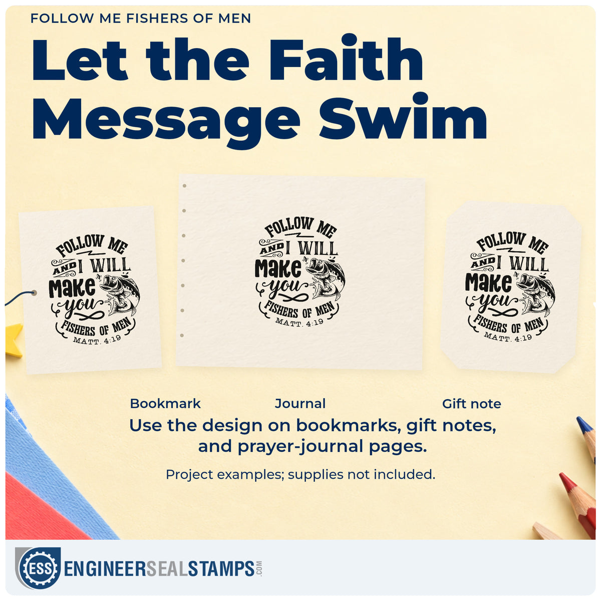 Three project examples made with the Follow Me Fishers Of Men Pre-Inked Stamp – PSI, including lake trip scrapbooks.