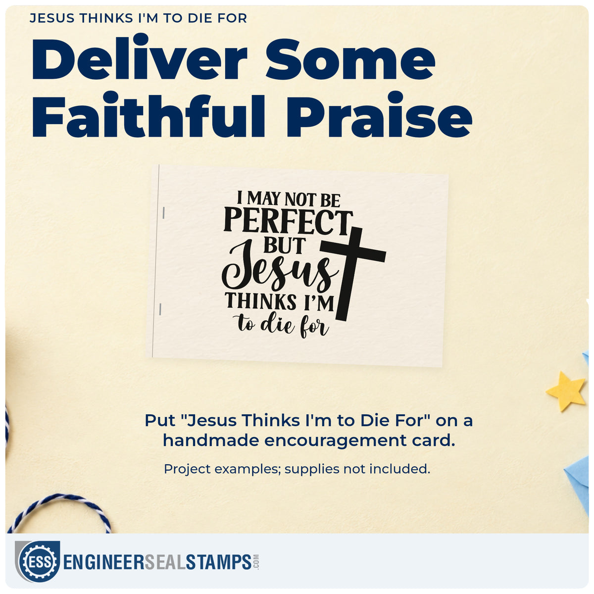 A finished handmade project stamped with the I May Not Be Perfect, But Jesus Thinks I'm To Die For Craft Stamp – Self-Inking, ideal for youth camp tees.