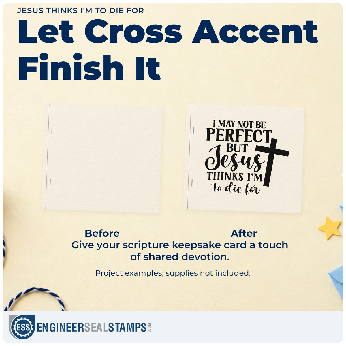 Before and after of a plain item finished with the Pre-Inked I May Not Be Perfect, But Jesus Thinks I'm To Die For Stamp – PSI, a quick upgrade for locker signs.