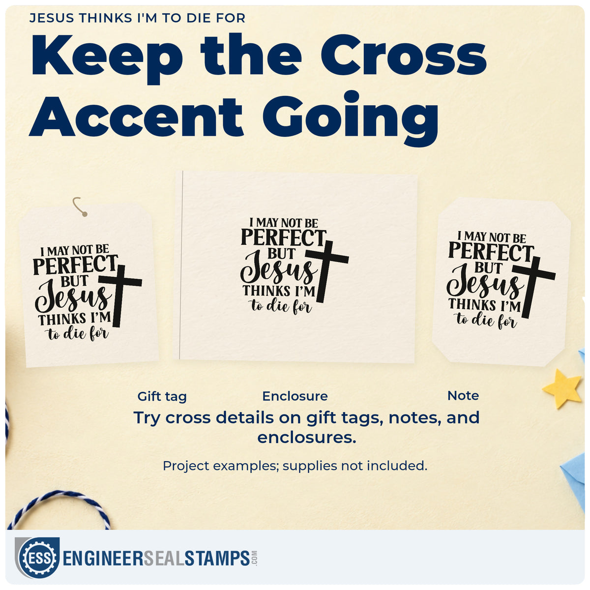Three project examples made with the I May Not Be Perfect, But Jesus Thinks I'm To Die For Premium Wood-Mounted Stamp - Vintage Pro, including self-worth notes.