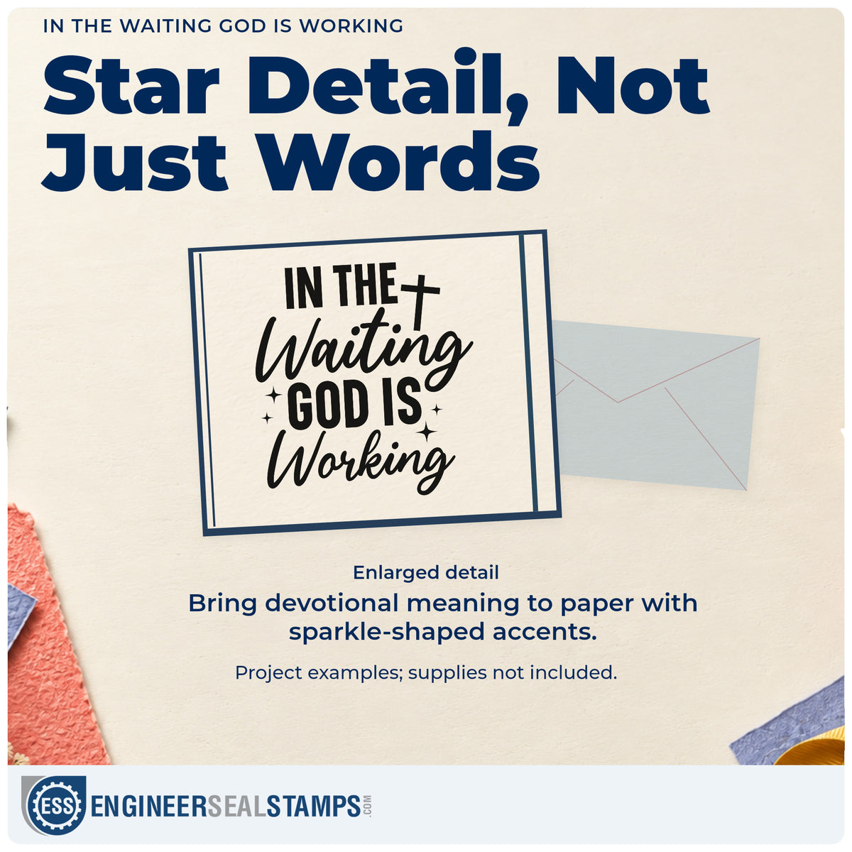 Enlarged detail of the In The Waiting God Is Working Stamp – Self-Inking imprint. A cross and sparkles accent "In the waiting God is working."