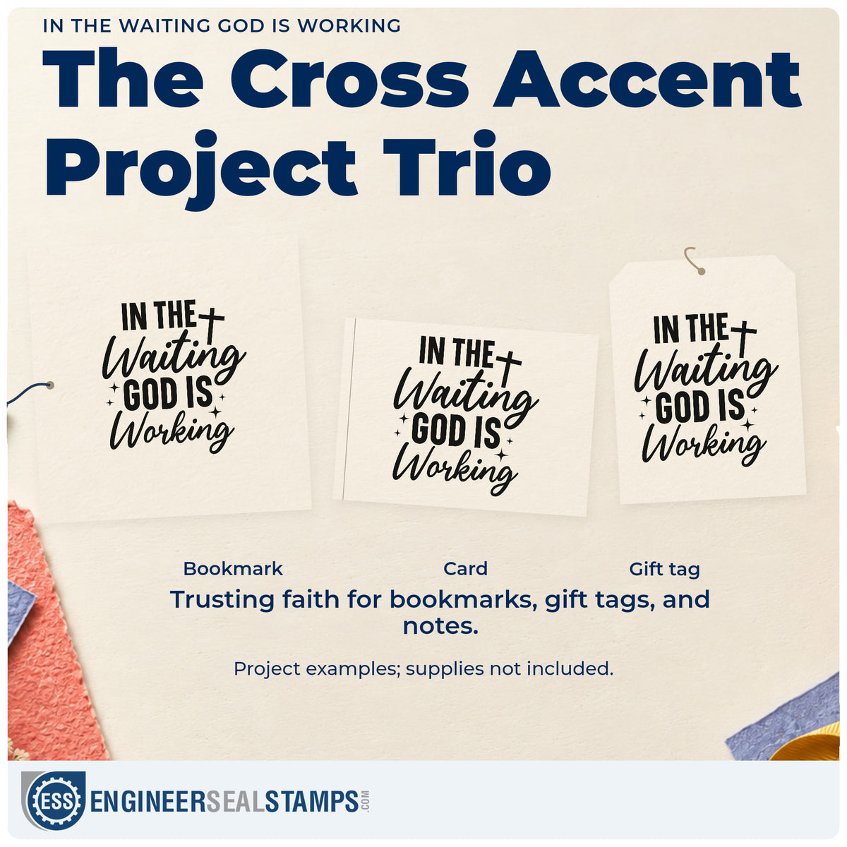 Three project examples made with the In The Waiting God Is Working Stamp – Self-Inking, including pregnancy journal covers.