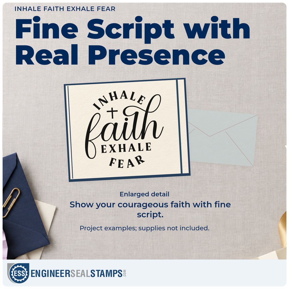 Enlarged detail of the Inhale Faith, Exhale Fear With Cross Rubber Stamp – Duo Hand imprint. A small cross sits within "Inhale faith, exhale fear," with "Faith" in large script.