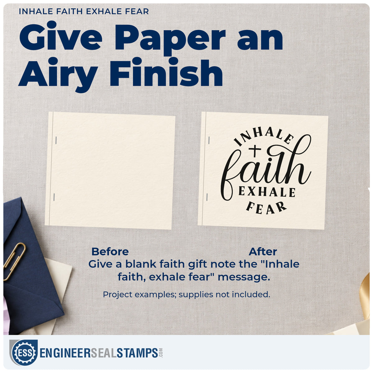 Before and after of a plain item finished with the Inhale Faith, Exhale Fear With Cross Wood Handle Stamp, a quick upgrade for canvas totes.