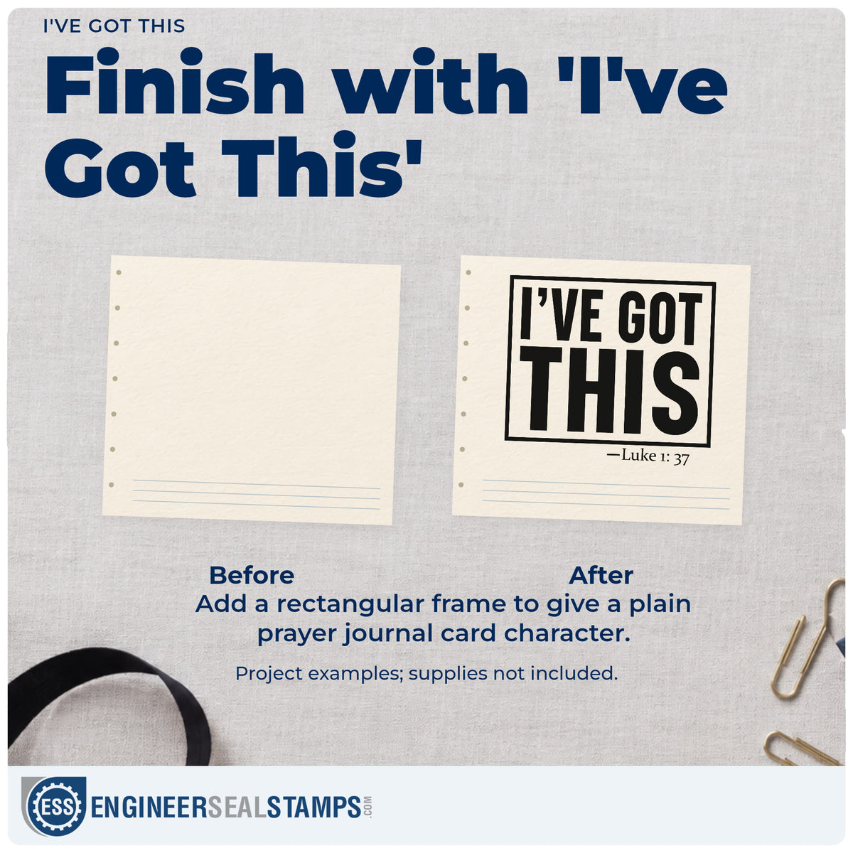 Before and after of a plain item finished with the I've Got This Stamp – Self-Inking, a quick upgrade for nurse graduation gifts.