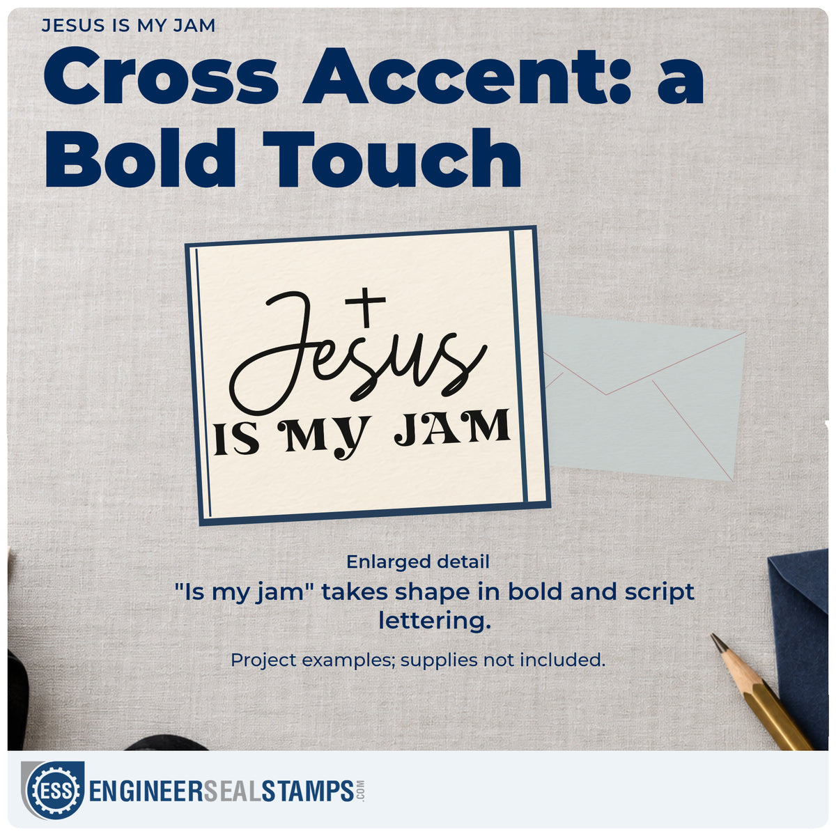 Enlarged detail of the Self-Inking Jesus Is My Jam With Cross Stamp imprint. A small cross tops "Jesus" script and bold "Is my jam" lettering.