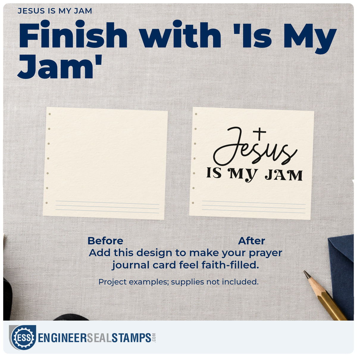 Before and after of a plain item finished with the Self-Inking Jesus Is My Jam With Cross Stamp, a quick upgrade for farmers market labels.