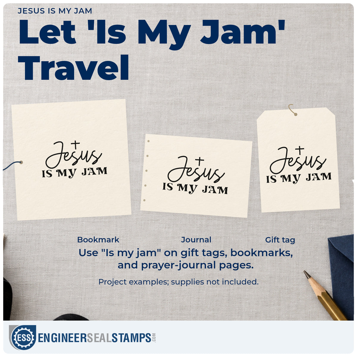 Three project examples made with the Self-Inking Jesus Is My Jam With Cross Stamp, including concert scrapbooks.