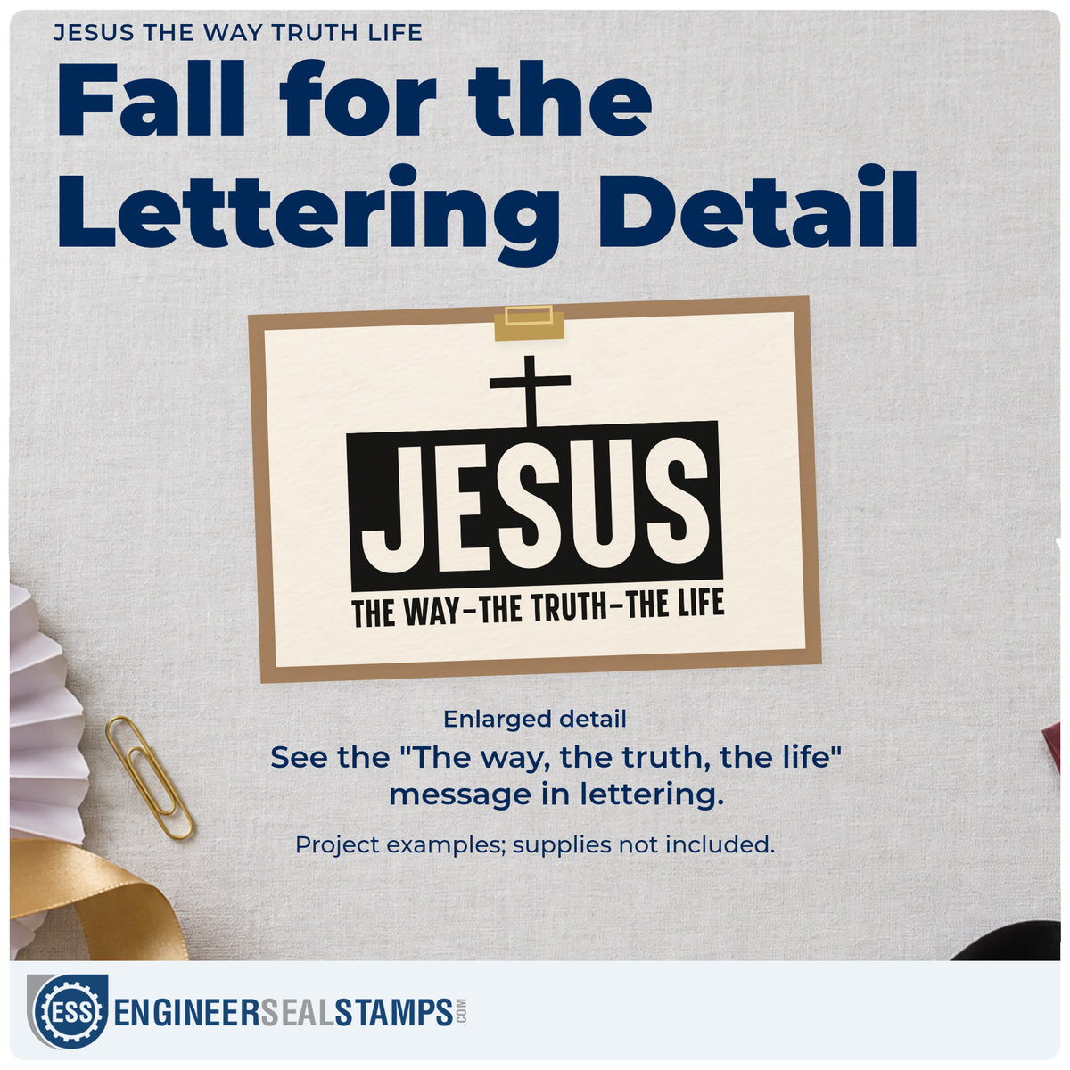 Enlarged detail of the Jesus The Way Truth Life Pre-Inked Stamp – Slim imprint. White "Jesus" lettering fills a dark rectangle beneath a cross, with "The way, the truth, the life" below.