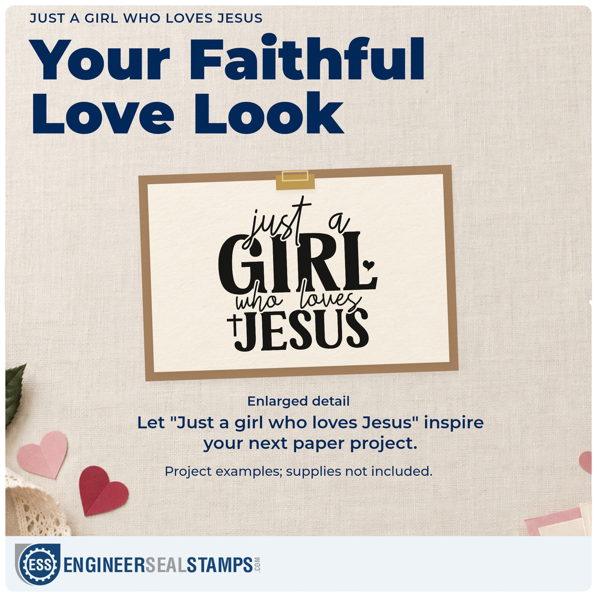 Enlarged detail of the Just A Girl Who Loves Jesus With Cross Stamp - Premium Vintage Pro Wooden imprint. Mixed lettering reads "Just a girl who loves Jesus," with a cross and small hearts.
