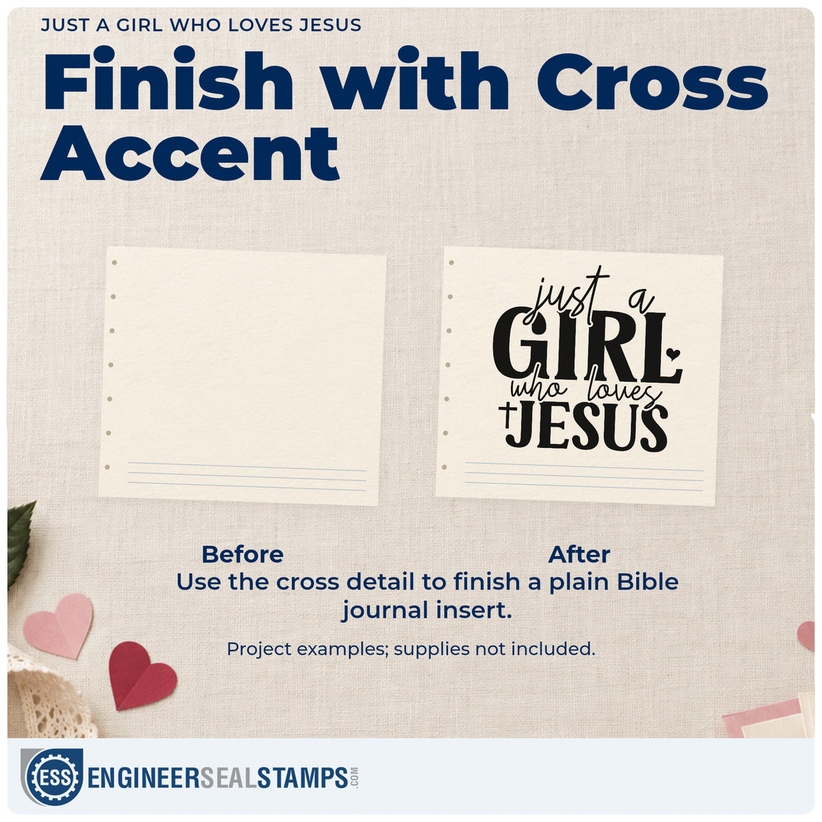 Before and after of a plain item finished with the Just A Girl Who Loves Jesus With Cross Stamp - Premium Vintage Pro Wooden, a quick upgrade for journal cover stamping.