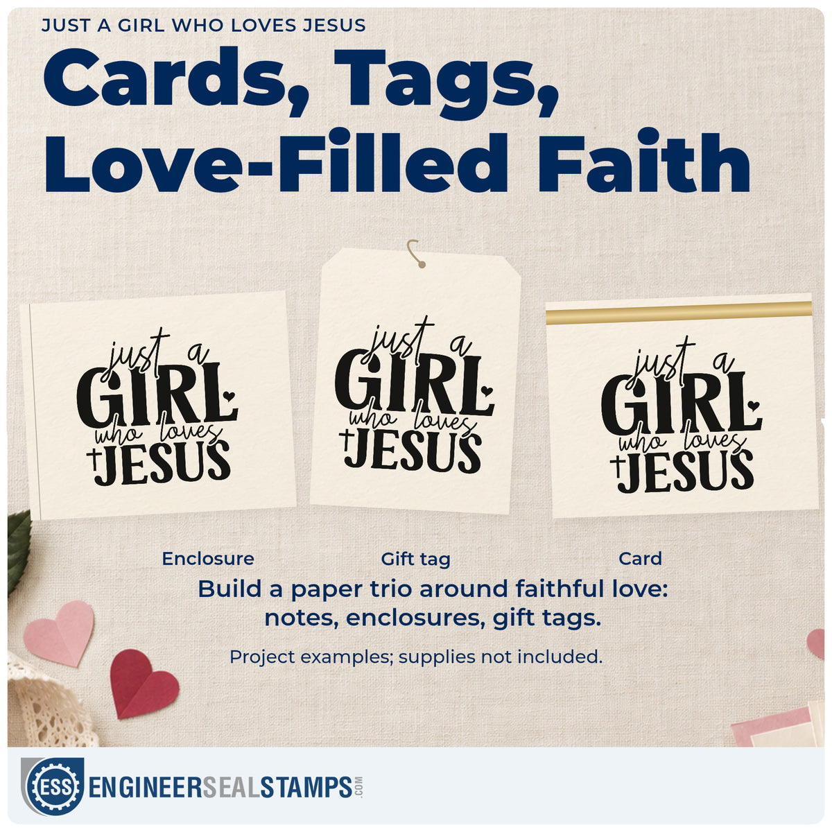 Three project examples made with the Just A Girl Who Loves Jesus With Cross Stamp – Self-Inking, including daughter scrapbooks.