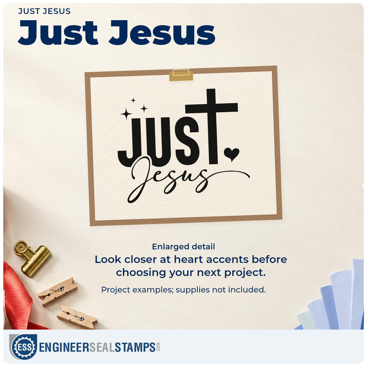 Enlarged detail of the Just Jesus Hand Stamp – Duo imprint. A cross extends above bold "Just," with "Jesus" in script and heart and sparkle accents.