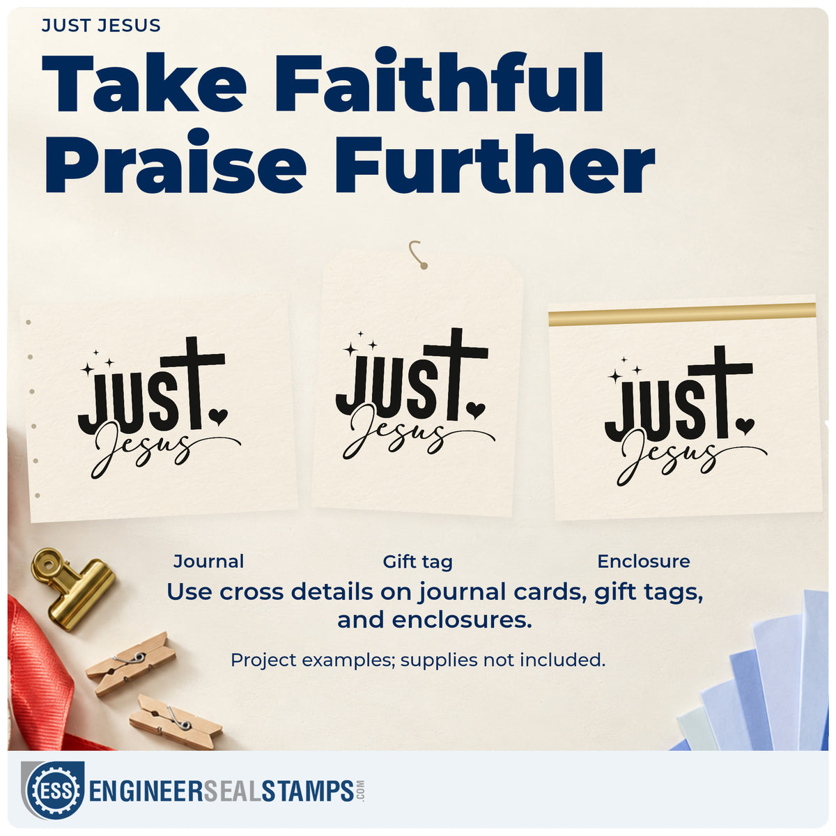 Three project examples made with the Just Jesus Stamp – Slim Pre-Inked, including faith title blocks.