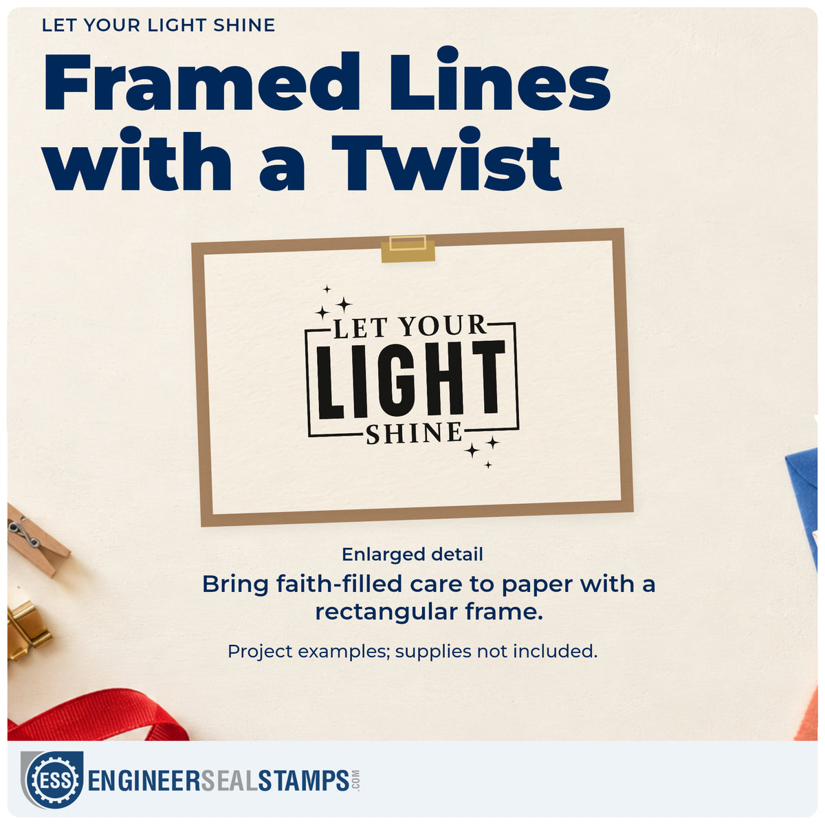 Enlarged detail of the Let Your Light Shine With Sparkles Hand Stamp – Duo imprint. A partial rectangular frame and sparkles surround "Let your light shine," emphasizing "Light."