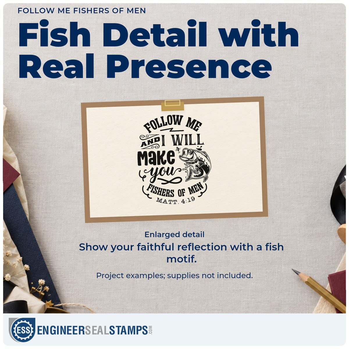 Enlarged detail of the Pre-Inked Follow Me And I Will Make You Fishers Of Men Leaping Fish Stamp – PSI imprint. A leaping fish accompanies stacked "Follow me and I will make you fishers of men" lettering and Matthew 4:19.
