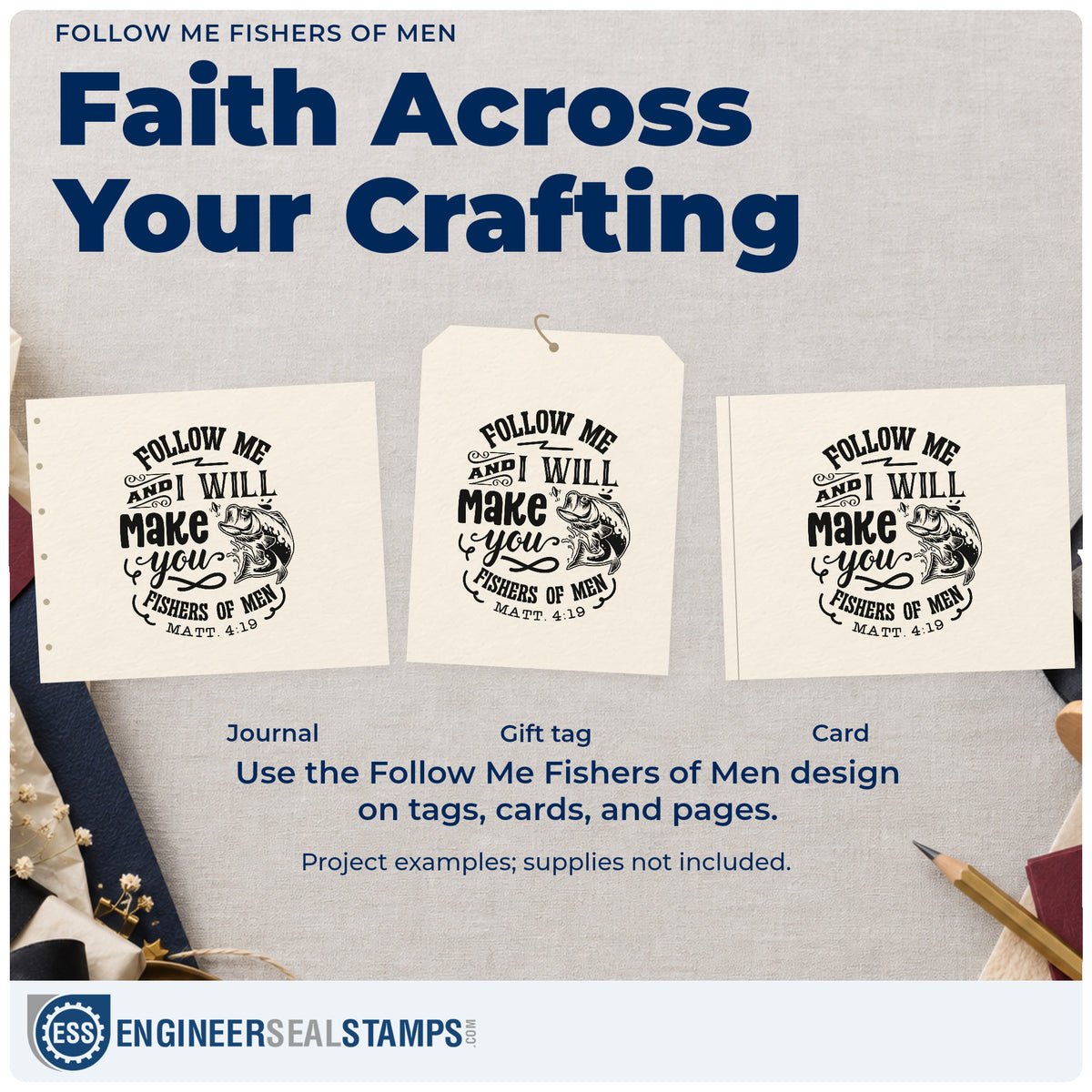 Three project examples made with the Follow Me And I Will Make You Fishers Of Men Leaping Fish Stamp - Premium Vintage Pro Wooden, including fishing trip pages.