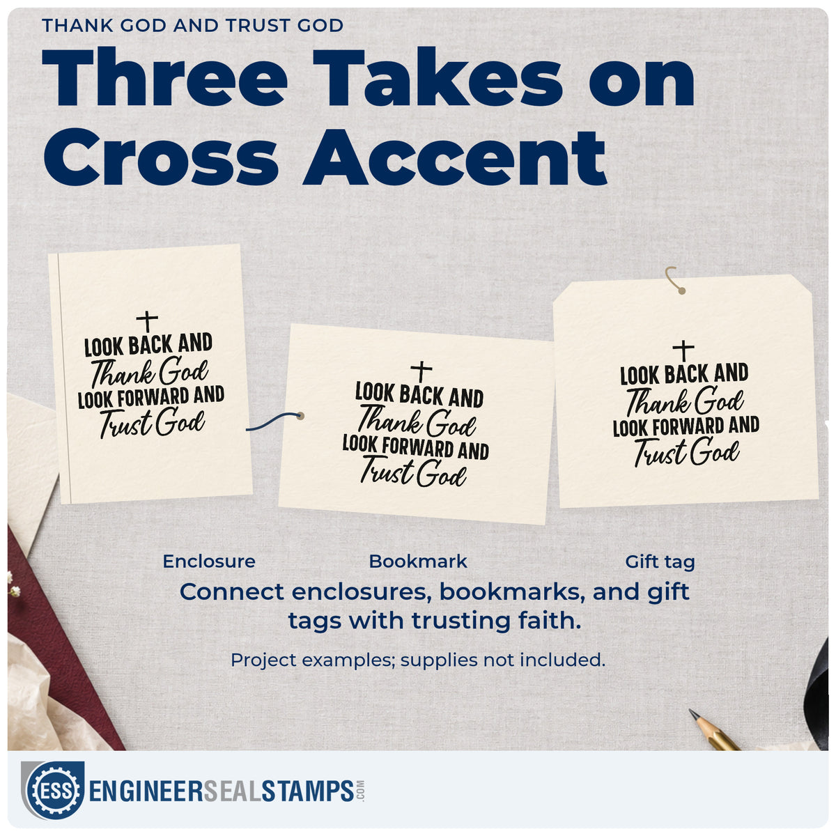 Three project examples made with the Thank God And Trust God Pre-Inked Stamp – PSI, including year in review pages.