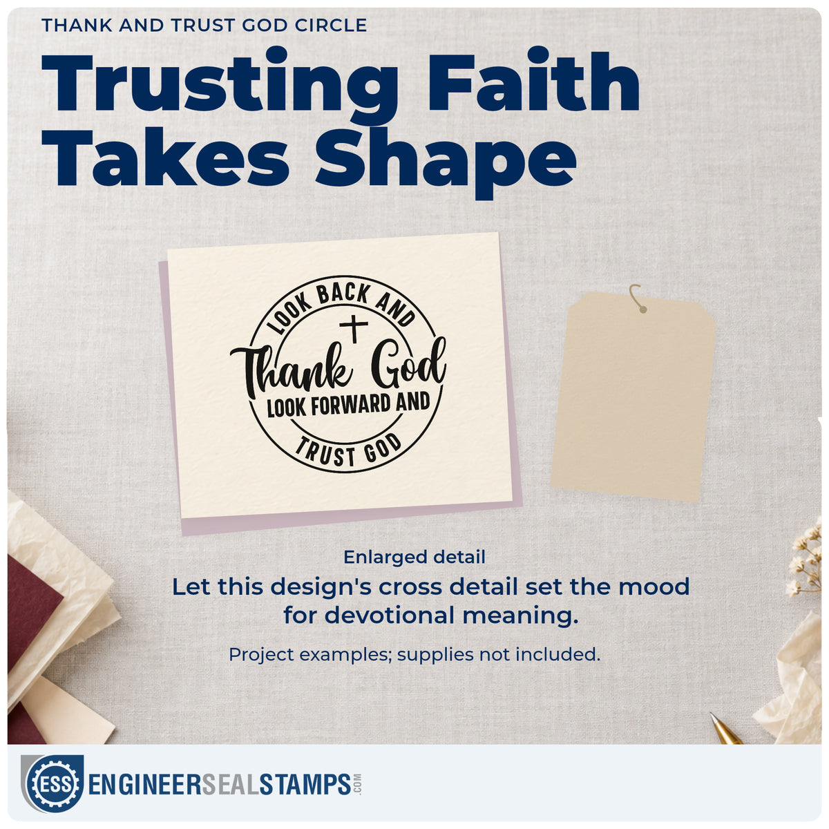Enlarged detail of the PSI Pre-Inked Look Back And Thank God, Look Forward And Trust God With Cross Stamp imprint. A round outline and small cross frame "Look back and thank God, look forward and trust God."