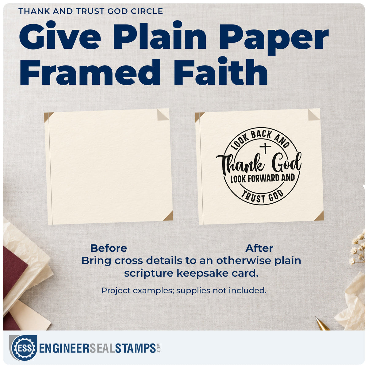 Before and after of a plain item finished with the Look Back And Thank God, Look Forward And Trust God With Cross Rubber Stamp – Wood Handle, a quick upgrade for retirement party favors.