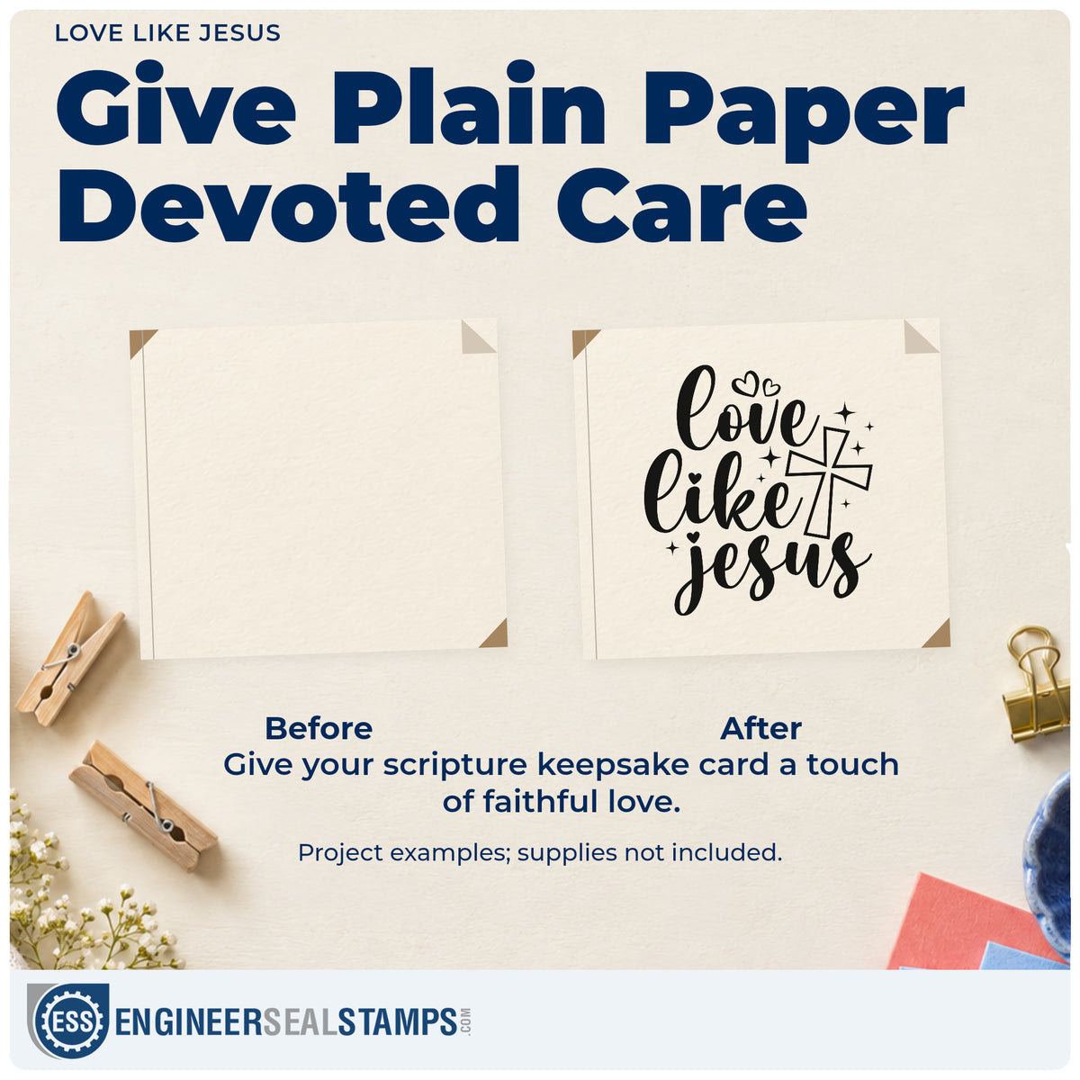 Before and after of a plain item finished with the Love Like Jesus Outlined Cross Self-Inking Craft Stamp, a quick upgrade for food pantry bags.